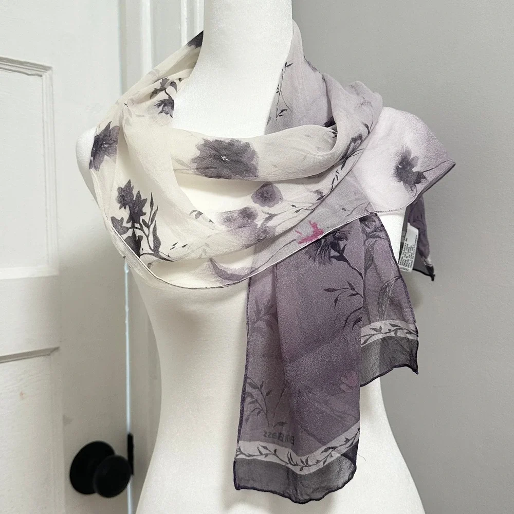 Bill Blass Purple Floral 100% Silk Scarf Wrap Botanical Print Vintage 52 x 13